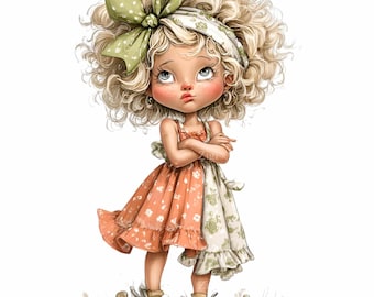 15 PNG Curly Hair Girl Clipart – Whimsical Child Illustration, Storybook Character Art for Prints