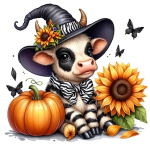 15 Clipart PNG di mucca strega, soffice mucca in bianco e nero con girasoli Arte digitale, design di mucca di Halloween