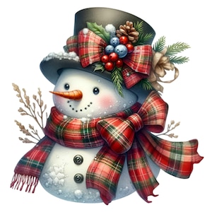 15 Weihnachtsschneemann PNG Clipart mit kariertem Schal und Zylinder, Feiertagsbogen, Kiefernzweigen, Beeren und Winterakzenten