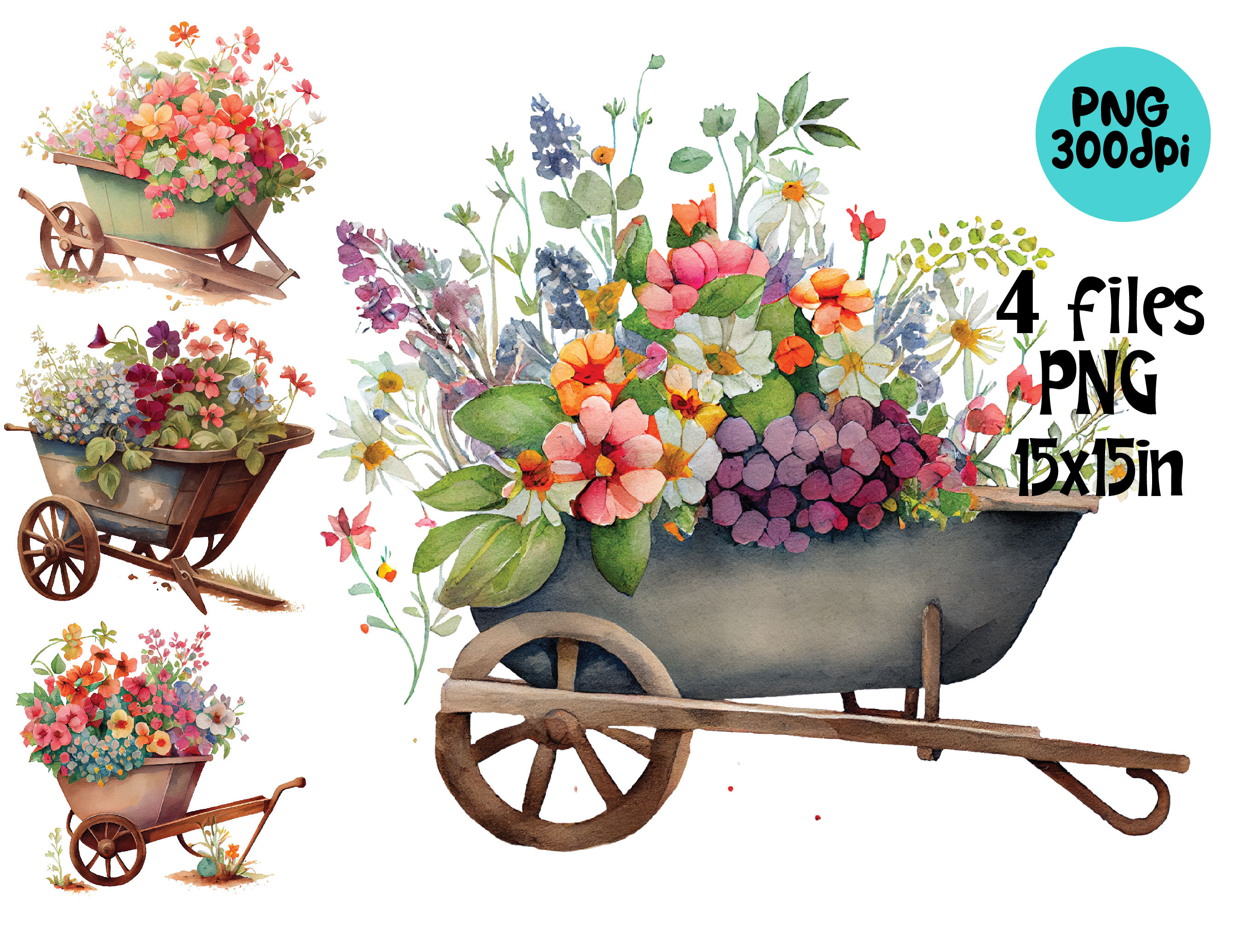 Wheelbarrow Clipart Watercolor Flowers Garden PNG Sublimation Etsy UK