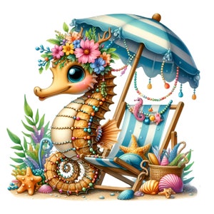 12 Beach Seahorse PNG Clipart, Uroczy konik morski z koroną kwiatową, Ocean Vacation Art, Morskie pobieranie cyfrowe