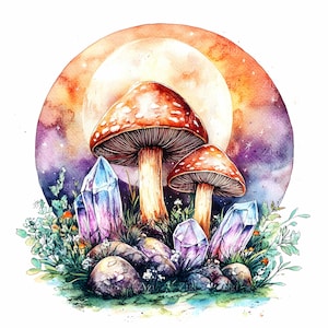 30 cliparts JPEG champignon et cristal JPG – champignons vénéneux orange, cristaux d'améthyste, scène florale de lune – art de la nature fantastique