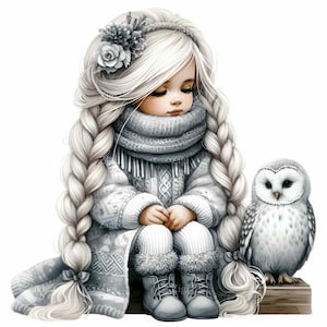 Ragazza invernale con gufo PNG Clipart - 10 adorabili personaggi in abito con capelli intrecciati