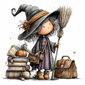 May include: Illustration of a young witch with a large black hat, holding a broom. She wears a purple dress and gray coat, carrying a brown satchel. A stack of books, a pumpkin, and a second satchel are on the ground. The image has a watercolor style.