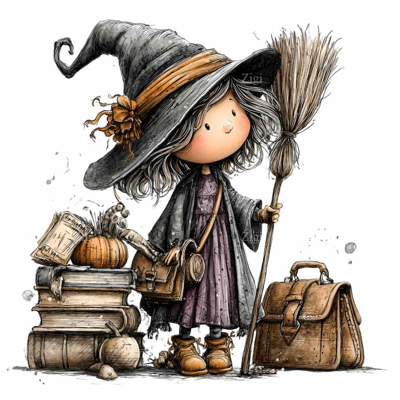 May include: Illustration of a young witch with a large black hat, holding a broom. She wears a purple dress and gray coat, carrying a brown satchel. A stack of books, a pumpkin, and a second satchel are on the ground. The image has a watercolor style.