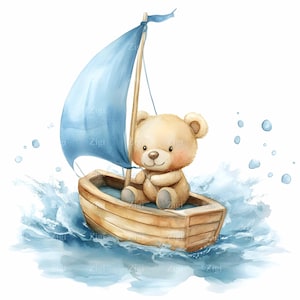 20 JPEG Sailing Bear Clipart - Simpatico orsetto di peluche in barca di legno con vela blu - Avventura nautica Download digitale JPG