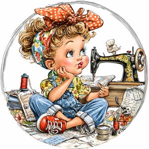 18 Clipart JPEG di una ragazza che cuce – Illustrazione di una sarta carina con appunti – Arte artigianale stravagante per bambini, decorazioni fai da te, biglietti o etichette