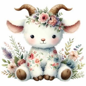12 imágenes prediseñadas de cabra bebé, cabra floral pastel, decoración de guardería de granja, descarga digital