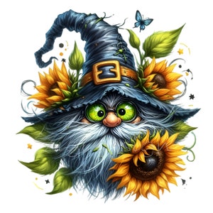 15 Sonnenblumen Zauberer Gnome Clipart PNG - Niedlicher Gnom im Hexenhut Digital Art - Magischer Gnom mit Sonnenblumen Download