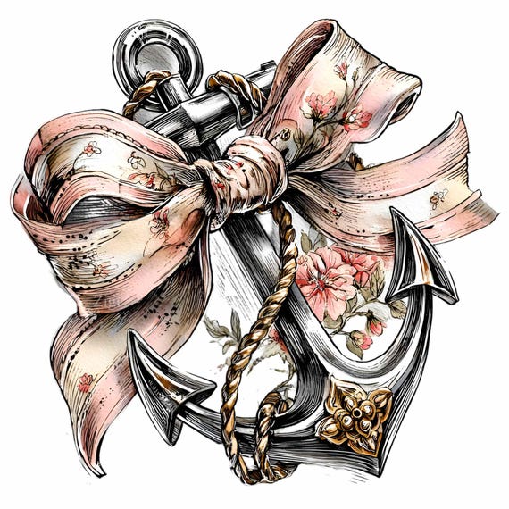 12 PNG Floral Bow Clipart – Anchor PNG Illustration – Vintage Nautical Graphic for Women’s Crafts and Sublimation Projects