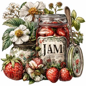 Może przedstawiać: Ilustracja dżemu truskawkowego. Duży szklany słoik wypełniony czerwonymi truskawkami jest oznaczony napisem "JAM". Słoik otoczony jest białymi kwiatami, zielonymi liśćmi i świeżymi truskawkami. Obecna jest r&oacute;wnież łyżka i mały słoik.