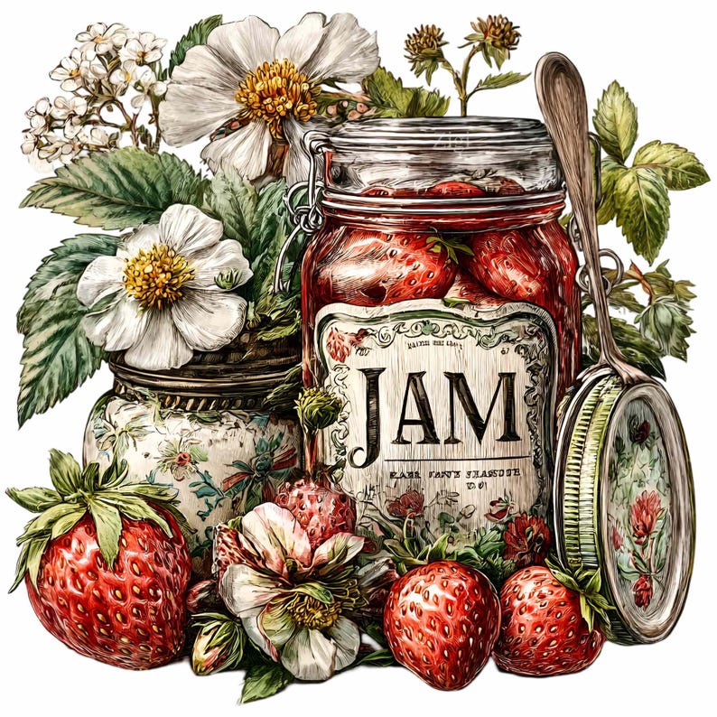 Może przedstawiać: Ilustracja dżemu truskawkowego. Duży szklany słoik wypełniony czerwonymi truskawkami jest oznaczony napisem "JAM". Słoik otoczony jest białymi kwiatami, zielonymi liśćmi i świeżymi truskawkami. Obecna jest r&oacute;wnież łyżka i mały słoik.
