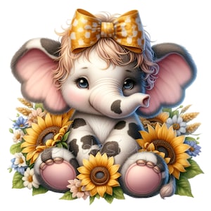 15 niedlicher Elefant Clipart PNG, Baby Elefant mit Sonnenblumen, Blumenelefant, transparenter Hintergrund, Kinderzimmerdekor. Entzückender Baby Elefant