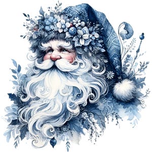 15 Blaue Weihnachtsmann Clipart PNG - Vintage nordischer Weihnachtsmann mit Blumenhut, Winterbart, Urlaub Aquarell Illustration