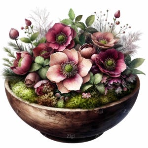 12 PNG Ciotola di fiori di Elleboro rustico PNG Clipart – Download digitale floreale di muschio di bosco, fiori di Borgogna lunatici