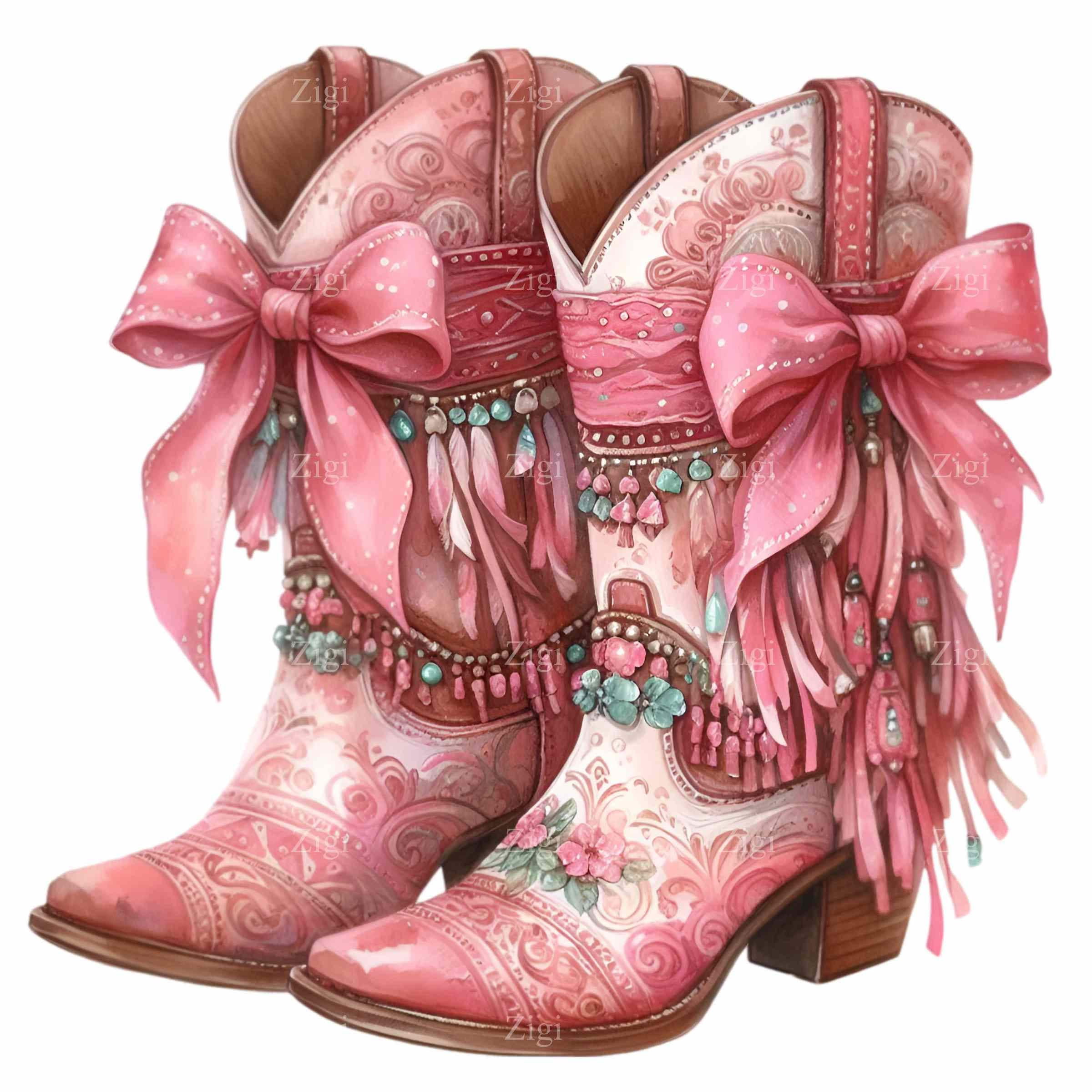 12 Pink Cowgirl Boots PNG Clipart, Western Boots With Bows and Flowers ...