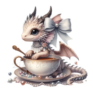 12 uroczych dziecięcych smoków PNG Clipart w filiżance z perłami i kokardą – Fantasy Tea Party Art dla dzieci, rękodzieło i wystrój