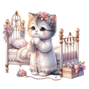 10 PNG祈る猫のクリップアート – かわいいPNGイラスト – 赤ちゃんの部屋の装飾、洗礼の工芸品、キリスト教のテーマのための花の保育アート