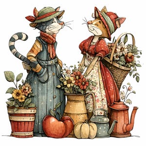 May include: Watercolor illustration of two anthropomorphic cats in vintage clothing. One cat wears a blue coat and hat, the other a red dress and hat, holding a basket of flowers. Various autumn-themed items are in the foreground.