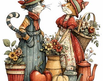 15 PNG Gardening Cats, Vintage Flower Pot Clipart, Rustic Animal Art