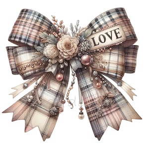 Puede incluir: Un gran lazo de tela a cuadros con un adorno floral y detalles de perlas. El lazo tiene una etiqueta que dice "LOVE" en letras negras.