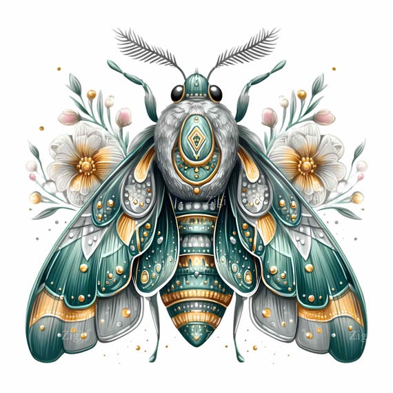 16 Green Jewel Moth Png Botanical Fantasy Insect Gold Ornate Wings Art