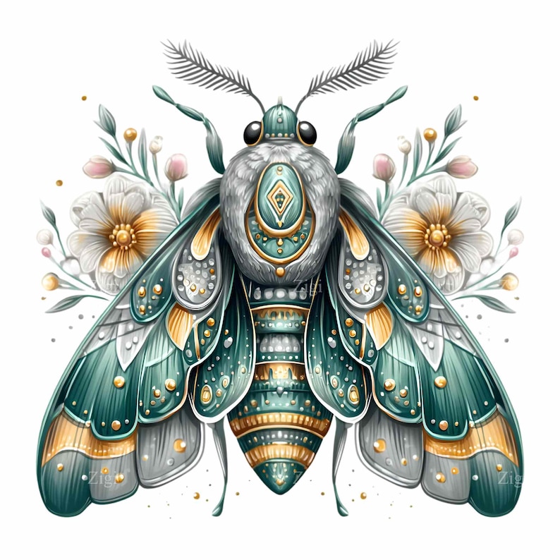 Green Jewel Moth Png Botanical Fantasy Insect Gold Ornate Wings Art
