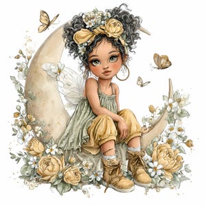 May include: Watercolor illustration of a fairy girl with dark curly hair, wearing a green dress and yellow pants, sitting on a crescent moon. The image features butterflies and flowers in shades of yellow, white, and green.