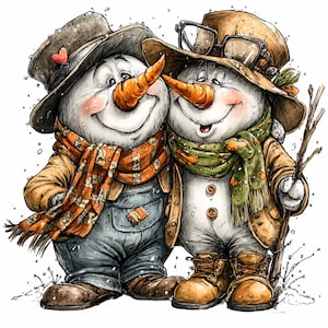 May include: Two snowmen illustrations. One snowman wears a brown hat with a heart, an orange scarf, a tan jacket, blue overalls, and brown boots. The other snowman wears a brown hat with glasses, a green scarf, a tan jacket, and brown boots. Snowflakes fall around them.