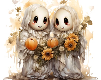 15 PNG Fall Ghost Twins, Halloween Pumpkin Flower Print Design