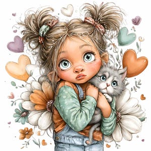 以下が含まれることがあります： 金髪のツインテールをした少女が、緑色のシャツとデニムのオーバーオールを着て、灰色の猫を抱きしめているデジタルイラスト。パステルカラーの花とハート型の風船が周りに描かれています。