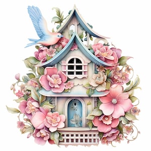 25 imágenes prediseñadas de casitas de pájaros florales en formato JPEG: ilustración en formato JPG de cabaña en tonos pastel. Arte de jardín primaveral para impresiones, diarios, tarjetas y decoración infantil.