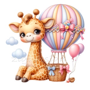 May include: A cute cartoon giraffe with big eyes sits next to a hot air balloon with pink, blue, and yellow stripes. The balloon has a basket with a blue bow and a pink bow. There are two pink balloons tied to the basket.