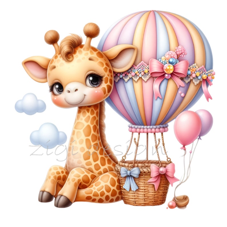 May include: A cute cartoon giraffe with big eyes sits next to a hot air balloon with pink, blue, and yellow stripes. The balloon has a basket with a blue bow and a pink bow. There are two pink balloons tied to the basket.