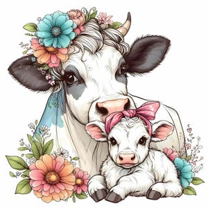 14 JPEG moeder koe en baby kalf clipart met bloemen kronen en roze strik, boerderijdieren digitale kunst voor kinderkamer, JPG Instant Download