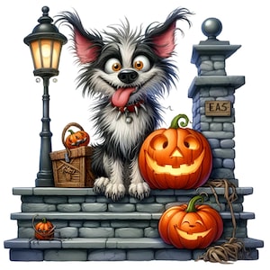 15 Halloween Dog PNG Clipart, Carino cucciolo trasandato con zucche, Arte digitale autunnale spettrale