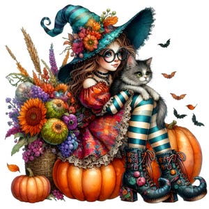 15 Halloween heks meisje en kat clipart, herfst pompoen bloemen grafisch, sublimatie PNG digitale download, herfst ambachtelijke clipart