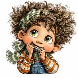 Può includere: Illustrazione di un bambino con capelli castani ricci, che indossa una sciarpa e una fascia a righe verdi e bianche, e una camicia a righe arancioni e bianche. Il bambino suona l'armonica e ha le guance rosee.