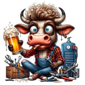 15 divertenti PNG di mucca, Clipart di toro meccanico che beve birra, Arte digitale di animali da fattoria, Design di sublimazione dell'umorismo da laboratorio