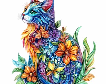 12 PNG Floral Cat Clipart, Rainbow Flower Kitten Colorful Pet