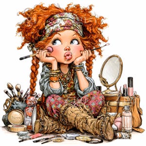 12 JPEG Redhead girl clipart – Makeup JPG illustration – Cute beauty scene for salon wall art, kids planners, girly stickers, journaling
