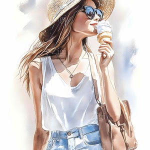 28 imágenes prediseñadas de chica de verano JPEG, mujer elegante con helado y sombrero de paja, ilustración de moda de vacaciones, descarga