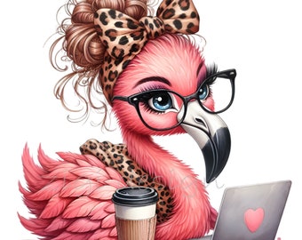 15 Flamingo PNG Clipart, Cute Flamingo with Glasses and Laptop, Digital Art for Crafts & Coffee Lovers