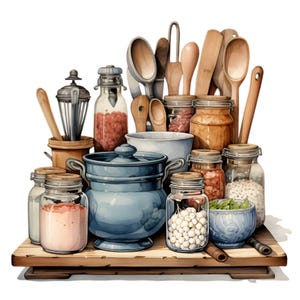 Clipart cuisine vintage PNG - 15 ustensiles de cuisine rustiques et bocaux - Art numérique de style campagnard pour projets de bricolage