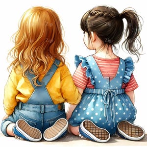 14 JPEG オーバーオールを着た二人の女の子、遊び心のある夏のイラスト JPG、編み込みの髪とフリル