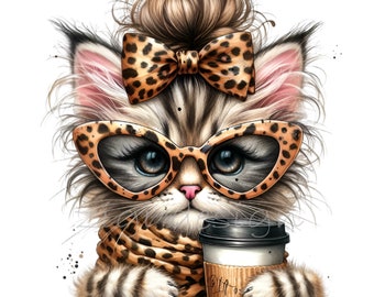 Imágenes prediseñadas de gatito, imágenes prediseñadas de lazo de leopardo, 14 PNG de piel de guepardo con estampado animal de café, camisetas escolares para maestros y niños, tazas de sublimación, planificadores