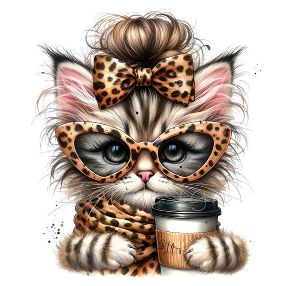 Kitten Clip Art, Leopard Bow Clipart, 14 PNG Coffee Animal Print Cheetah Fur, Teacher Kids School Shirt, Sublimation Mug Tumbler, Planner