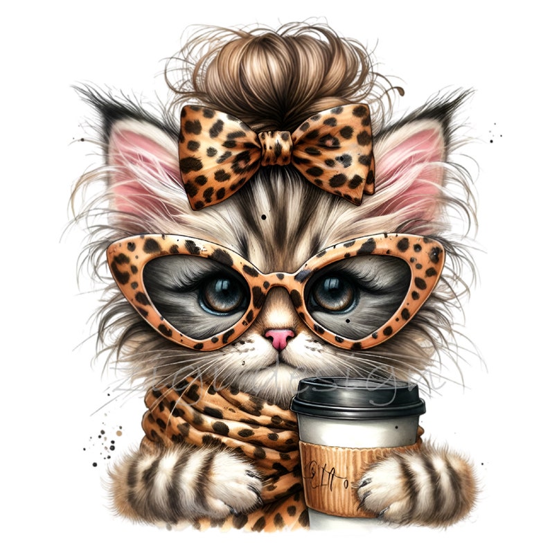 Puede incluir: Un lindo gato de dibujos animados con un lazo de estampado de leopardo, gafas y una bufanda, sosteniendo una taza de caf&eacute;. El gato tiene un peinado de mo&ntilde;o desordenado.