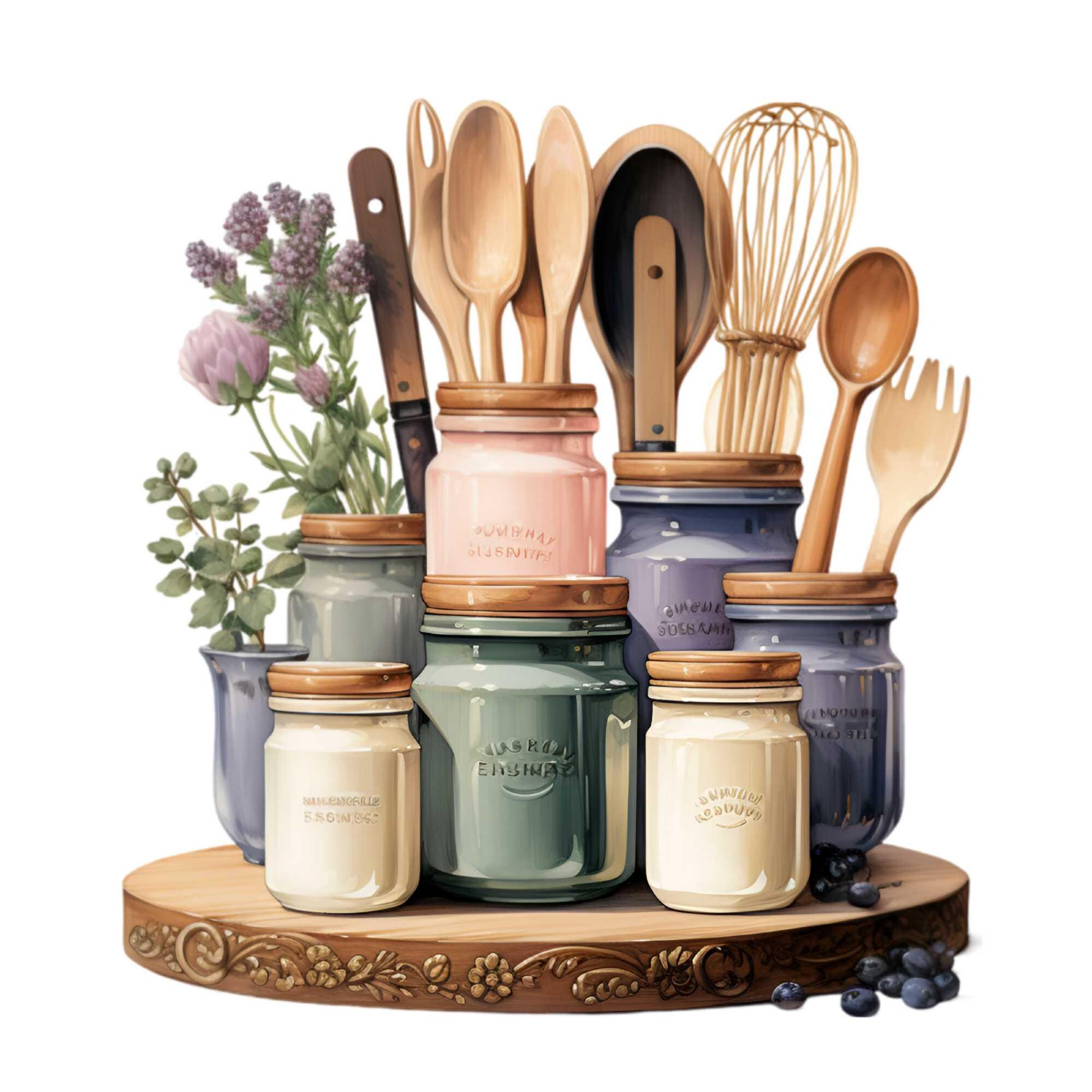 15 PNG Rustic Kitchen Cooking Utensils Clipart, Pantry Jars Art Graphic ...