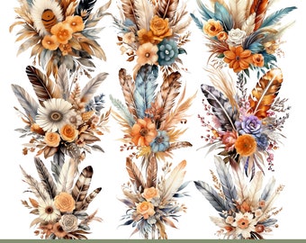 May include: A collection of nine digital floral and feather arrangements featuring orange, brown, blue, and cream-colored flowers mixed with various feathers and dried grasses. The text at the bottom reads BOHO BOUQUET CLIPART 39 FILES PNG 6X6 IN.